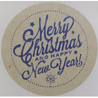 Етикетка крафт\синя кругла "Merry Christmas And Happy New Year". Упаковка 50 шт., діаметр 50мм