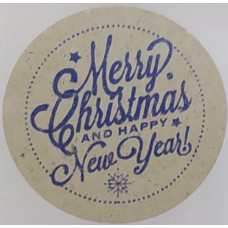 Етикетка крафт\синя кругла "Merry Christmas And Happy New Year". Упаковка 50 шт., діаметр 50мм
